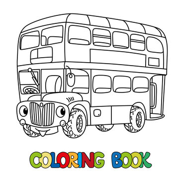 Funny small London bus with eyes. Coloring book