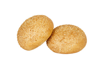 Two Tasty fresh round bun with sesame seeds for burger on white background