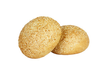 Two Tasty round bun with sesame seeds for burger on white background