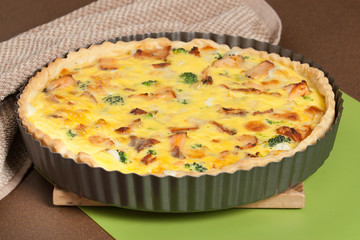 Home Baked Salmon Quiche With Broccoli. Traditional British Food.