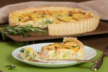 Home Baked Salmon Quiche With Broccoli. Traditional British Food.