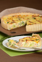 Home Baked Salmon Quiche With Broccoli. Traditional British Food.