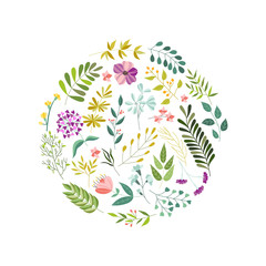 Round banner, greeting card, eco logo decoration element with flowers, leaves and herbs, vector illustration isolated in white background. Doodle flowers, leaves and herbs, round decoration element