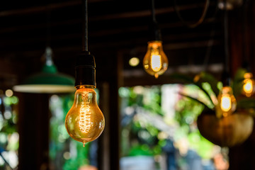 Incandescent lamps in wooden room. Edison lamp.