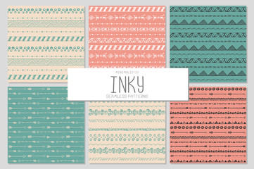 Set of 6 abstract minimalistic seamless patterns in tribal style