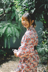 Onsen series: Asian woman in yukata, casual summer kimono
