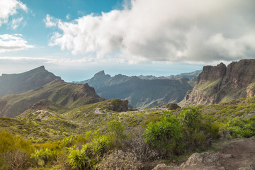 Mountain serpentine. The road is mountainous. The way from Anaga to Santa Cruz de Tenerife. Stunning top view. Anaga, Tenerife, Canary Islands, Spain.
