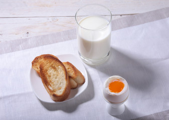 Morning Breakfast set with egg, orange jam on bread toast and milk in glass.