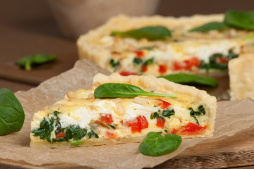 Home Baked Quiche With Spinach, Bell Pepper, Feta Cheese.
