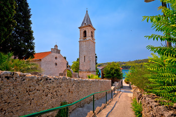 Prvic Luka village church and waterfront view