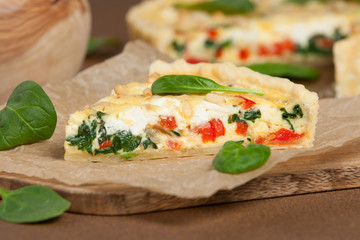 Home Baked Quiche With Spinach, Bell Pepper, Feta Cheese.