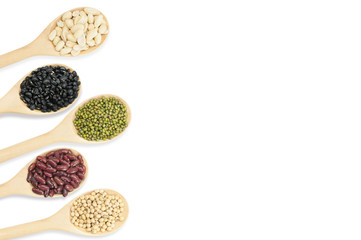 Collection set of beans and sesame on wooden spoons isolated on white background,top view