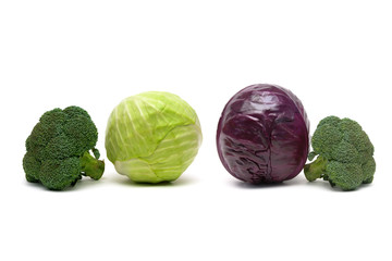 broccoli and other cabbage isolated on white background.