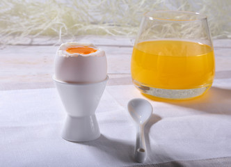 Morning Breakfast set with egg, bread toast and orange juice.