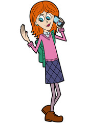 Teen cute schoolgirl with a smartphone/ 
Illustration schoolgirl with a backpack speaking over a phone, feast her eyes on her nails or saying good bye