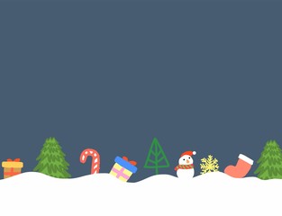winter season, abstract hand draw doodle christmas tree, snowman, sock, gift box, snow flake on snow landscape at night time, illustration