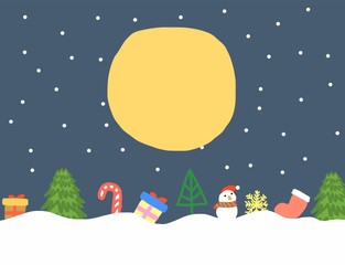 winter season, abstract hand draw doodle christmas tree, snowman, sock, gift box, snow flake on snow landscape at night time with moon, illustration