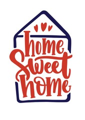 Home Sweet Home inscription handwritten with calligraphic font inside contour of house. Elegant hand lettering isolated on white background. Slogan, phrase or quote. Colored vector illustration.