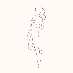 Silhouette of young beautiful long-haired nude woman with slim figure hand drawn with contour lines. Outline of female character isolated on light background. Monochrome vector illustration.