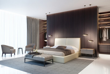 Modern luxury bedroom with dark wood walk in closet