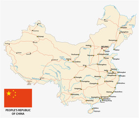 People's Republic of China road vector map with flag