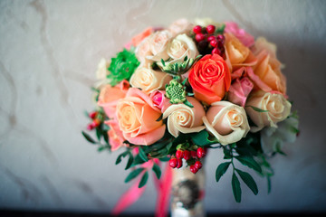 Wedding accessories. Bouquet and accessories of bride and groom. Wedding details