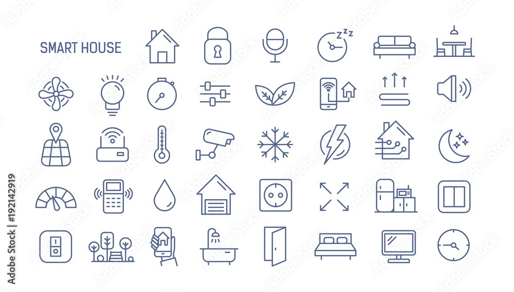 Poster Collection of smart house linear icons - control of lighting, heating, air conditioning. Set of home automation and remote monitoring symbols drawn with thin contour lines. Vector illustration.