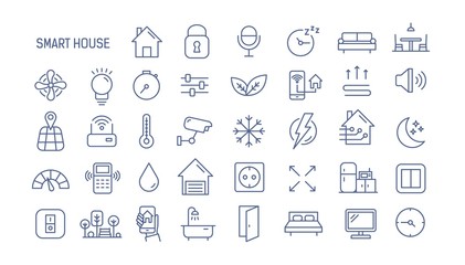 Collection of smart house linear icons - control of lighting, heating, air conditioning. Set of home automation and remote monitoring symbols drawn with thin contour lines. Vector illustration.