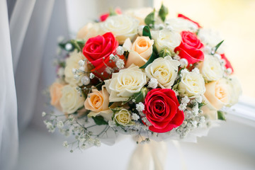 Wedding accessories. Bouquet and accessories of bride and groom. Wedding details