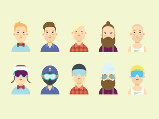 Fototapeta premium Men characters. Snowboarder and skier heads in helmet and glasses.