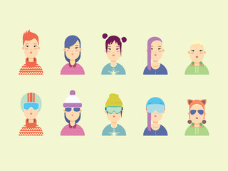 Women characters. Snowboarder and skier heads in helmet and glasses.