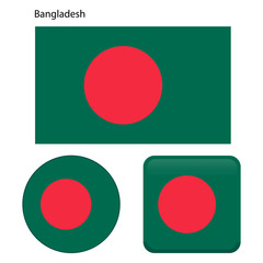 Flag of Bangladesh. Correct proportions, elements, colors. Set of icons, square, button. Vector illustration on white background.