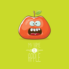 vector funny cartoon cute red apple character isolated on green background. My name is apple vector concept. super funky fruit food character