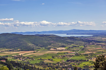 Fototapeta na wymiar Lake Trasimeno is surrounded on three sides by hills. Umbria. Italy
