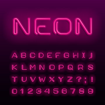 Neon lamp alphabet font. Neon color shiny letters, numbers and symbols. Stock vector typeface for any typography design.