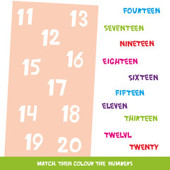 Match then colour the numbers 11 to 20. Kids words learning game, worksheets with simple colorful graphics. children educational Learning color theme and vocabulary. Vector