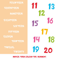 Match then colour the numbers 11 to 20. Kids words learning game, worksheets with simple colorful graphics. children educational Learning color theme and vocabulary. Vector