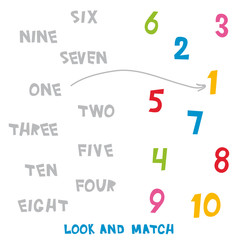 Look and Match the numbers 1 to 10. Kids words learning game, worksheets with simple colorful graphics. children educational Learning color theme and vocabulary. Vector