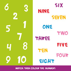 Match then colour the numbers 1 to 10. Kids words learning game, worksheets with simple colorful graphics. children educational Learning color theme and vocabulary. Vector