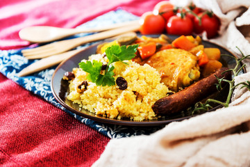 traditional moroccan dish Chicken couscous salad with Sausage