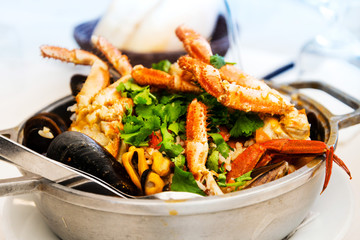 closeup mix seafood soup pot