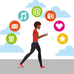 afroamerican woman walking with mobile in hands and social media icons vector illustration