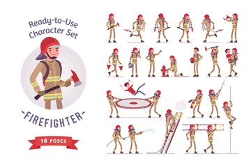 Fototapeta premium Male firefighter ready-to-use character set