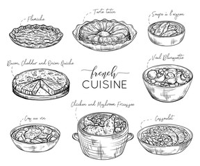 French cuisine. Collection of delicious food. Isolated elements. Concept design for decoration restaurants, menu. Vintage hand drawn vector illustration