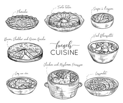 French Cuisine. Collection Of Delicious Food. Isolated Elements. Concept Design For Decoration Restaurants, Menu. Vintage Hand Drawn Vector Illustration