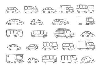 Set of sketch different transparent cars buses and trucks Hand drawn black line vector stock illustration.