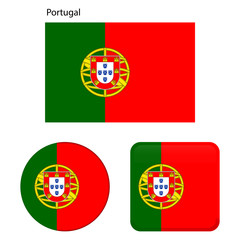 Flag of Portugal. Correct proportions, elements, colors. Set of icons, square, button. Vector illustration on white background.