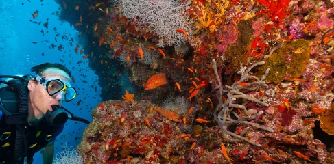 Fotobehang Young man scuba diver exploring coral reef © Jag_cz