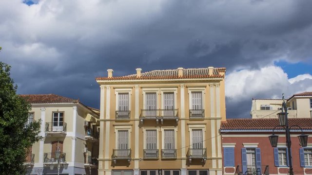 4K Timelapse of traditional Greek houses in Nafplio city former capital of Greece, Argolida, Peloponnese