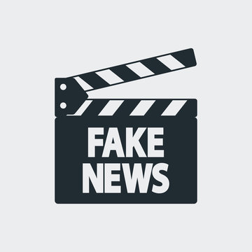 Icono plano claqueta con FAKE NEWS en fondo gris